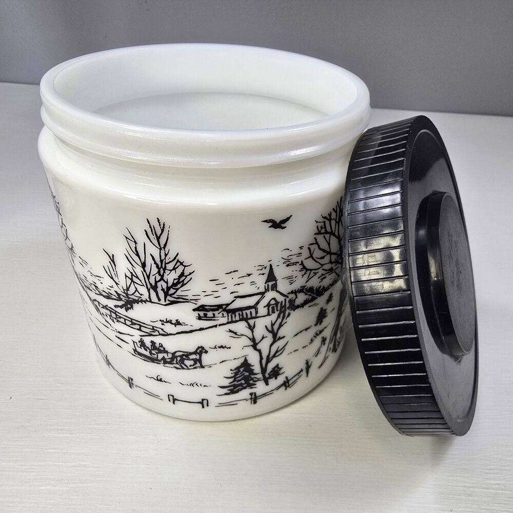 VTG. Maxwell House Milk glass Coffee Jar Black & White Winter Scene 1960’s VGC